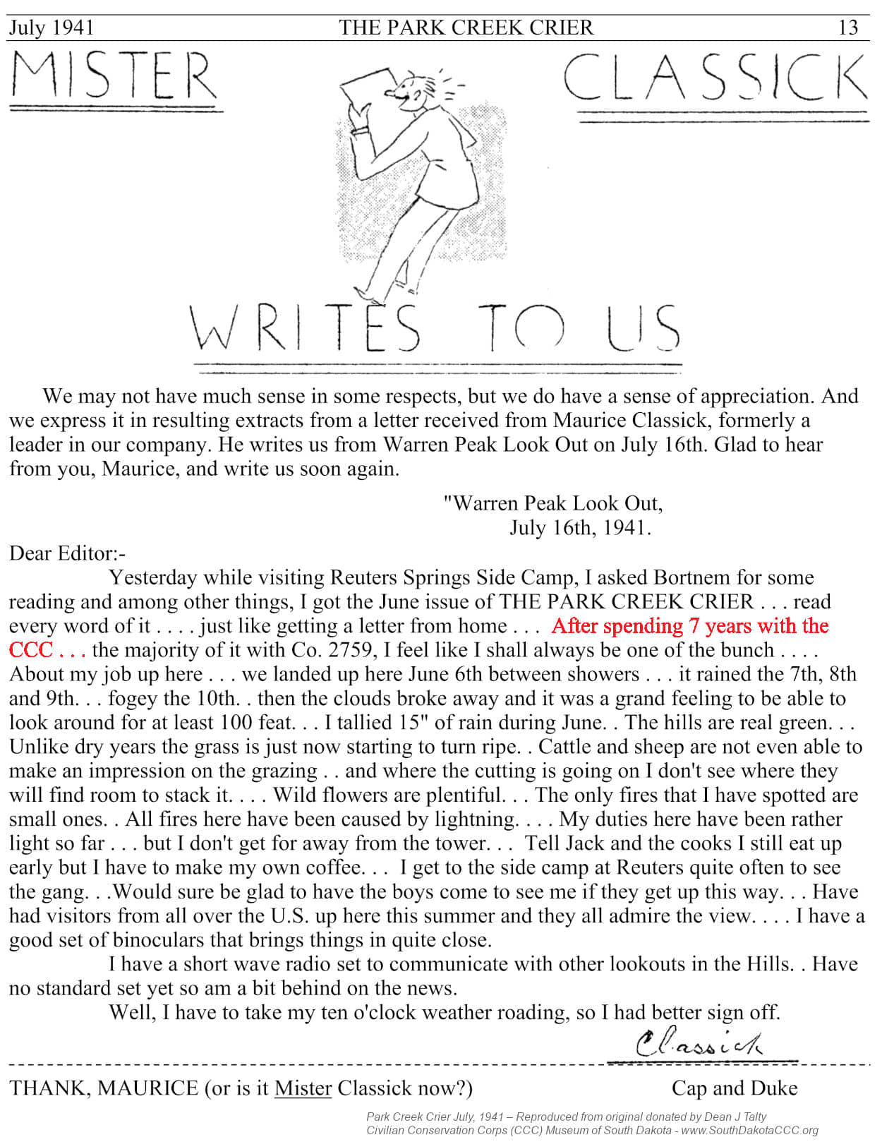 Camp Newspaper Park Creek Crier - Classick letter
