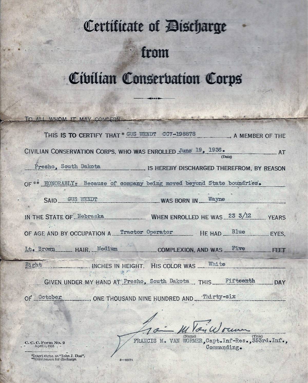 Gus Wendt Certificate of Discharge