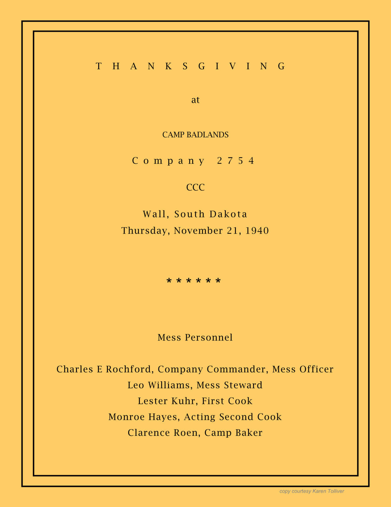 1940 Thanksgiving CCC Menu