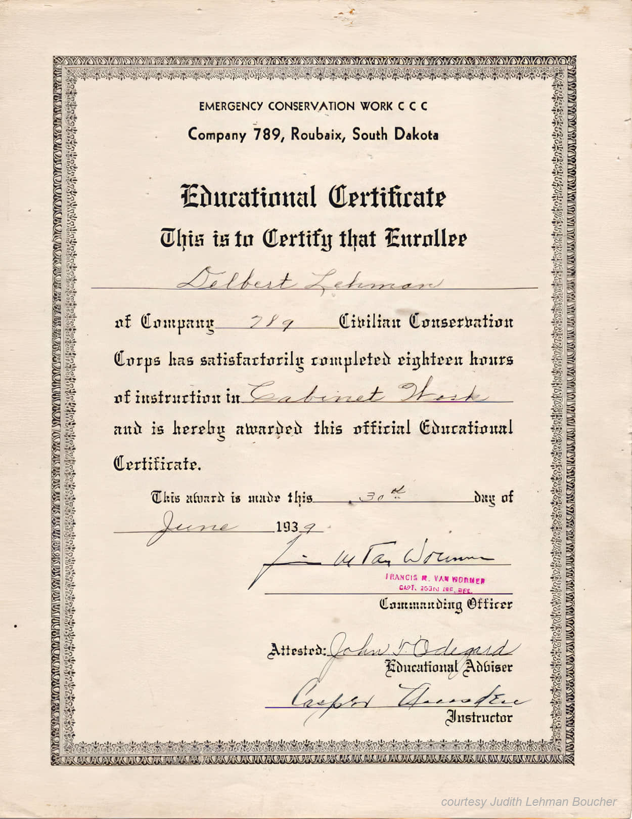 Delbert Lehman Cabinet Work Certificate