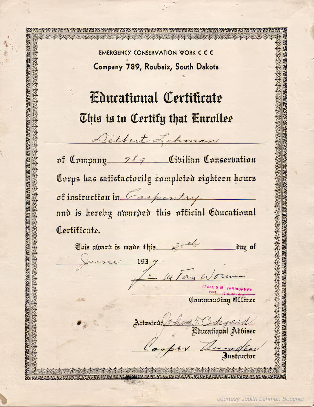 Delbert Lehman Carpentry Certificate