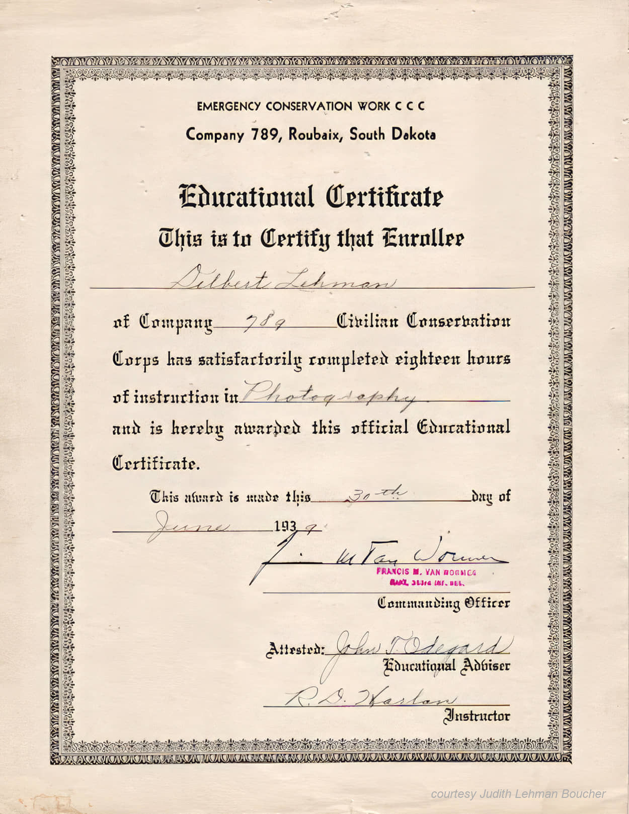 Delbert Lehman Photography Certificate