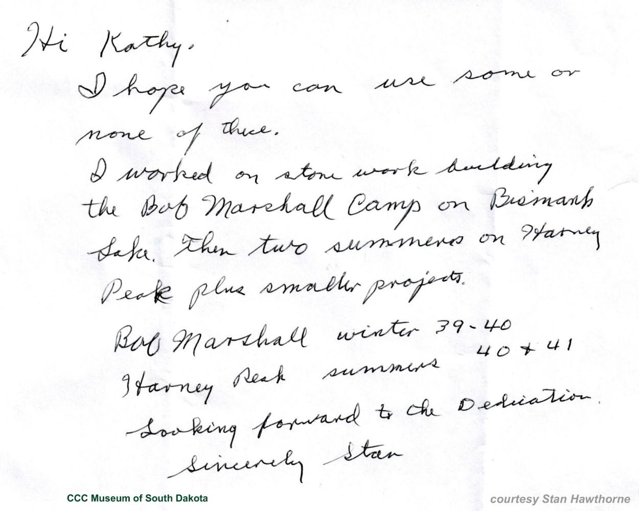 letter from Stan Hawthorne to Kathy