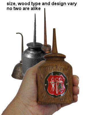 Wood Replica Oil Can w/Medallion